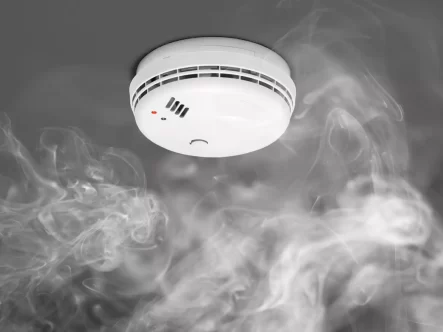 smoke cloud around fire alarm in picture.